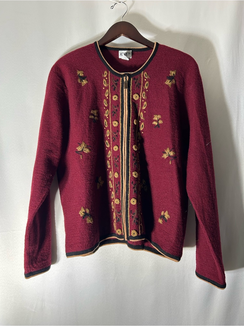100% Wool Koret Wine Red Floral Zip Cardigan with Gold Embroidery